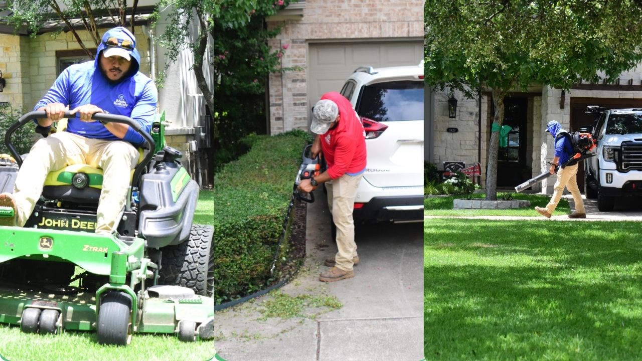 HOA maintenance workers x 3; image 1 lawn mower, image 2 hedge trimmer, image 3 leaf blower