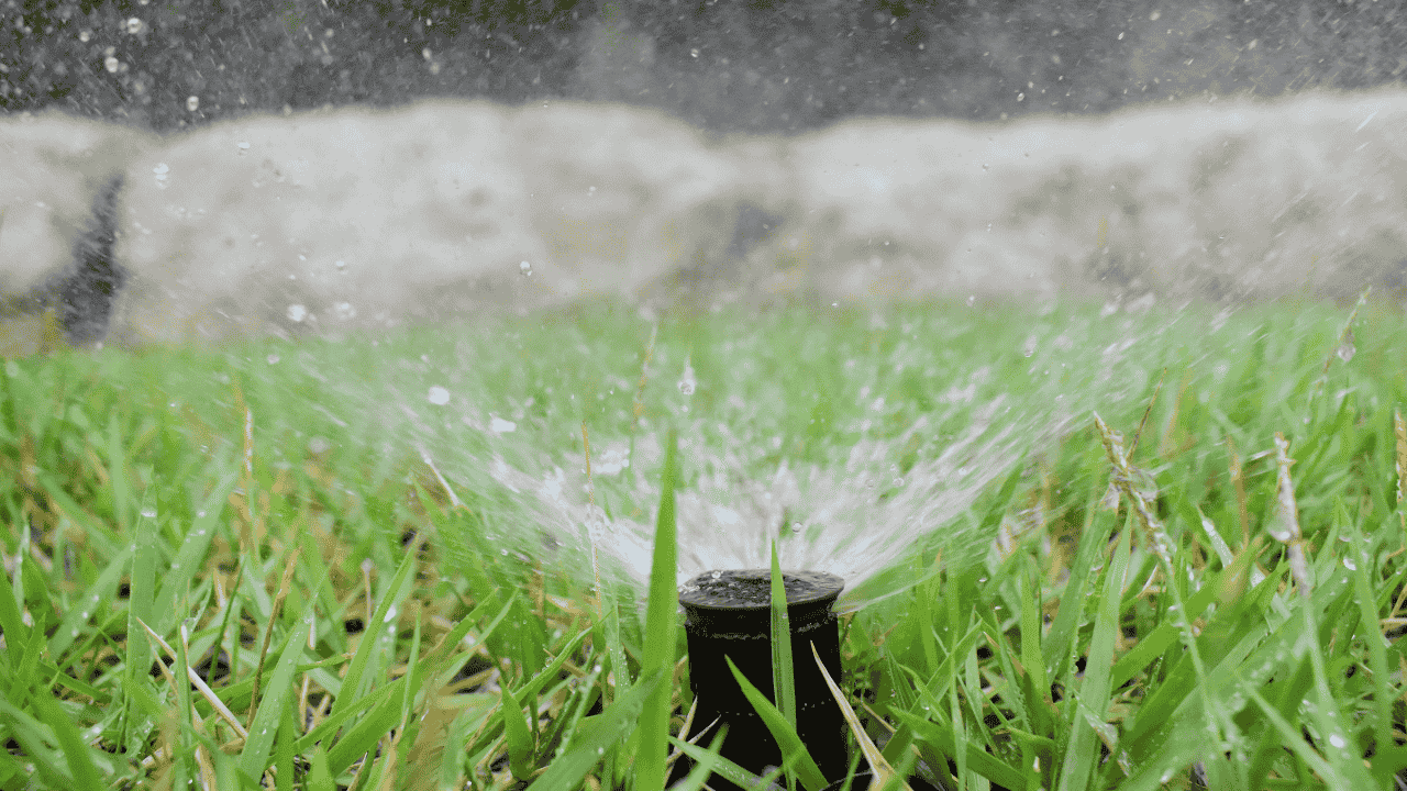 very close up image of sprinkler head spraying water on green grass with boulder edging in background